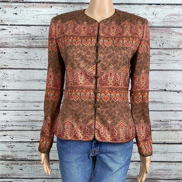 Vintage Adrianna Papell Brown Floral Mandarin Style Blazer Jacket SZ 4 Silk - Picture 2 of 8